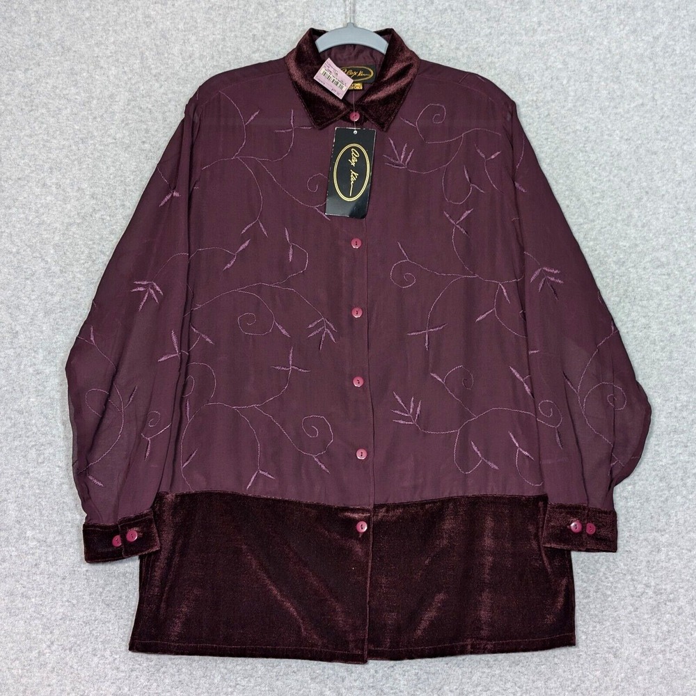 Vtg Alex Kim Sheer Button Up Shirt Womens Small Purple Embroidered Velvet Trim